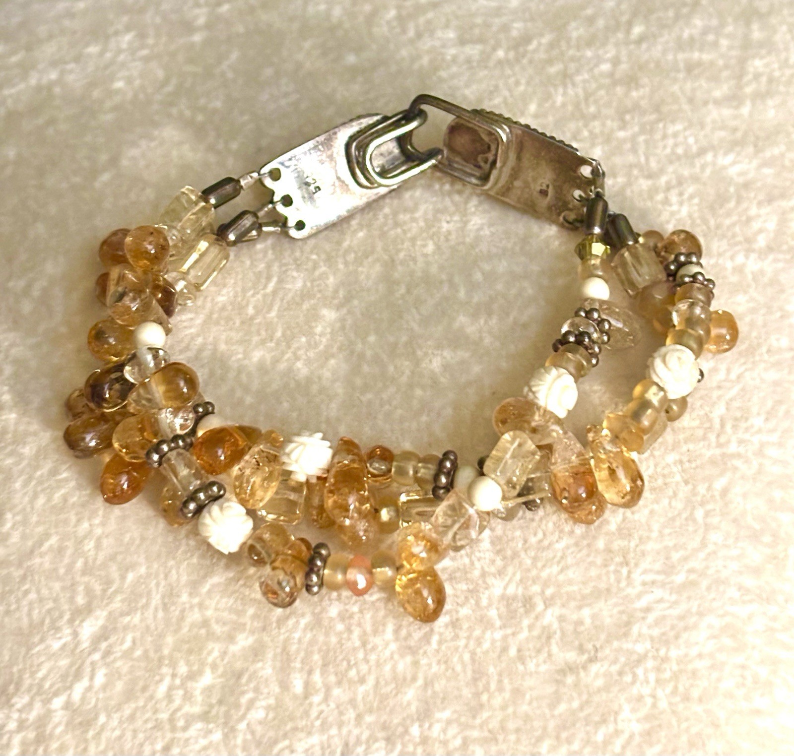 Vintage Citrine 925 SS Spacers & Filigree Clasp Carved Rose Cluster Bracelet 6.5