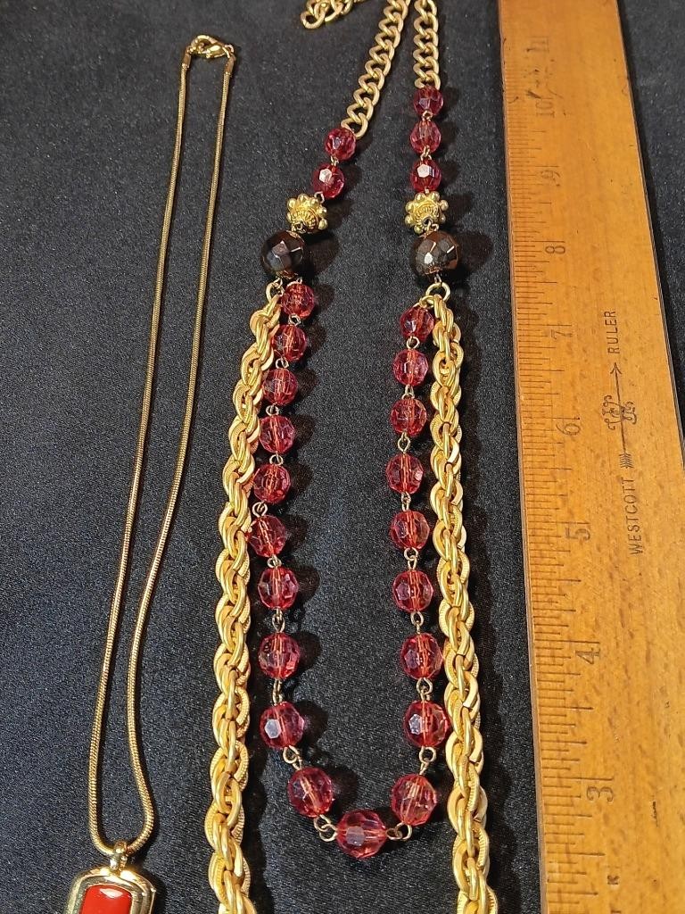 Two Vintage Gold Tone Necklaces Electric Red Pendant & Petal Rouge Bead J18