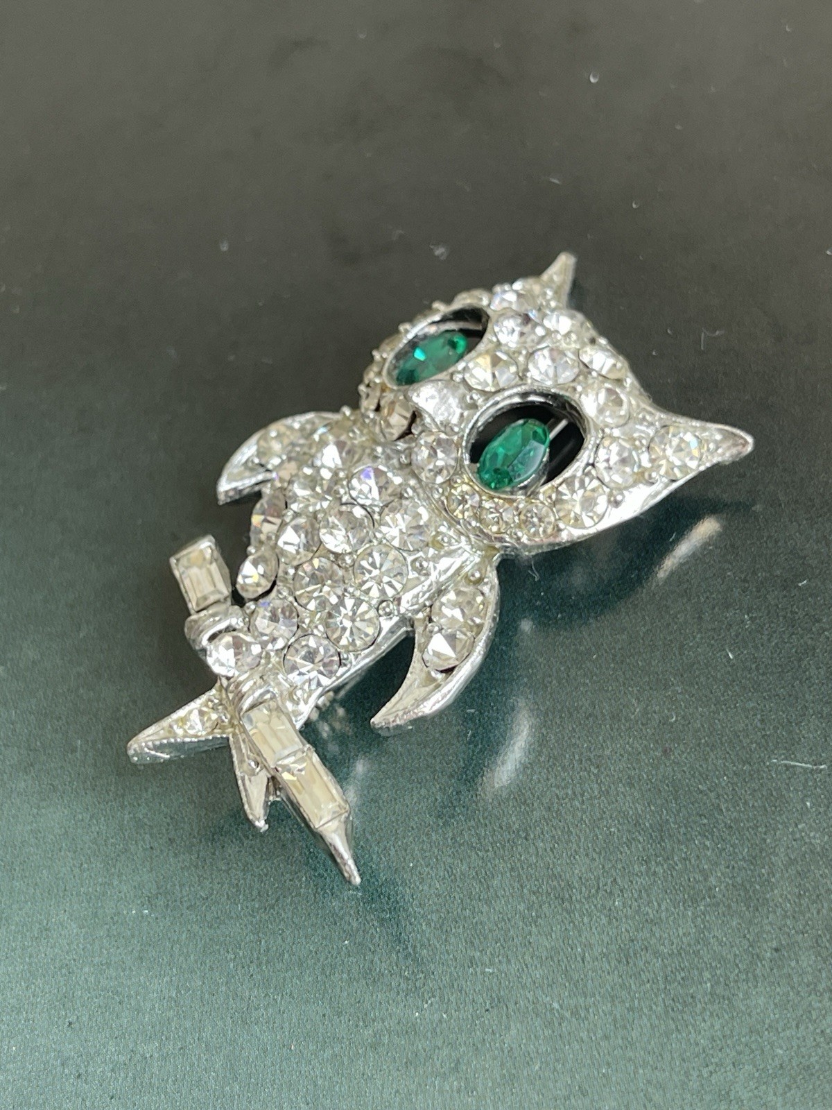 Vintage Signed Pell Rhinestone Owl Brooch Pin Bird