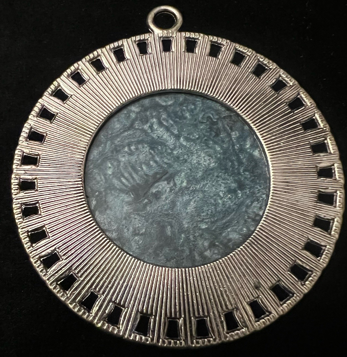 Vintage Brutalist Abstract Pendant Silver Tone Dentridic Stone Look Medallion 3”
