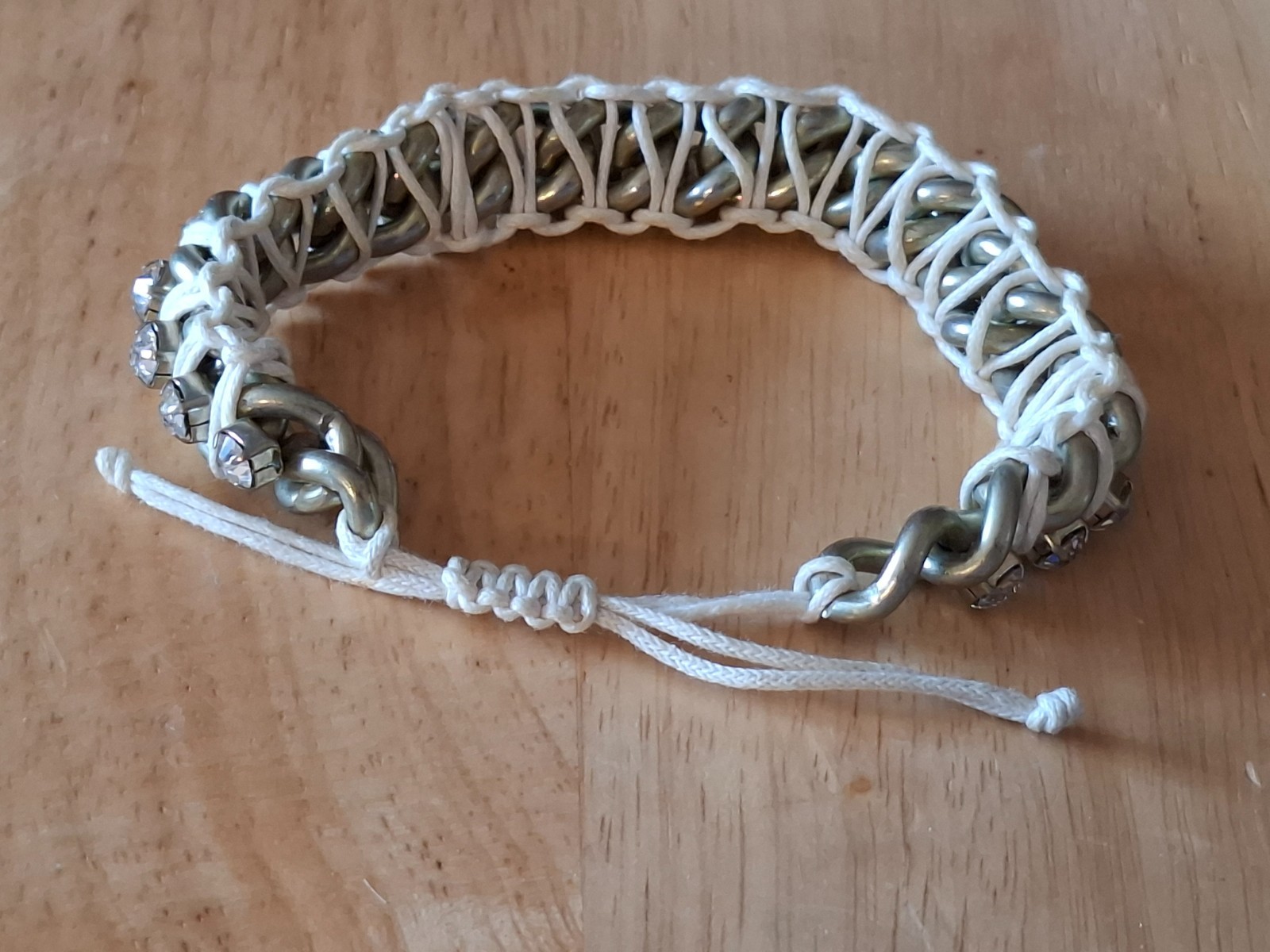 Vintage Jewelry Adjustable Rhinestone Macrame White Cord Silver Tone Bracelet