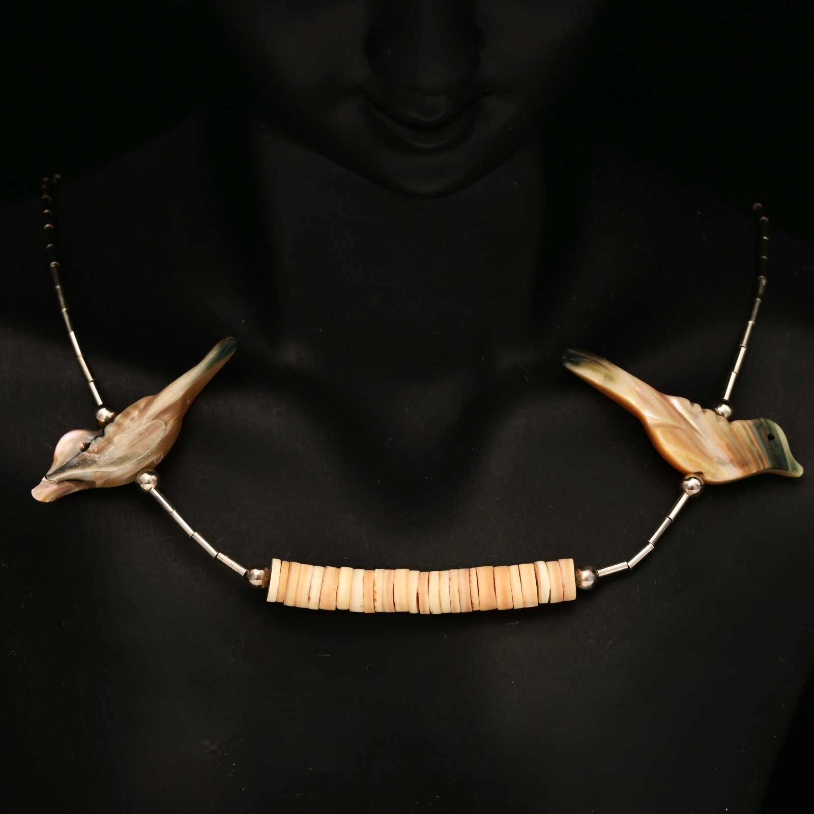 Vintage Original Native American Sterling Silver Mother of Pearl Bird Necklace
