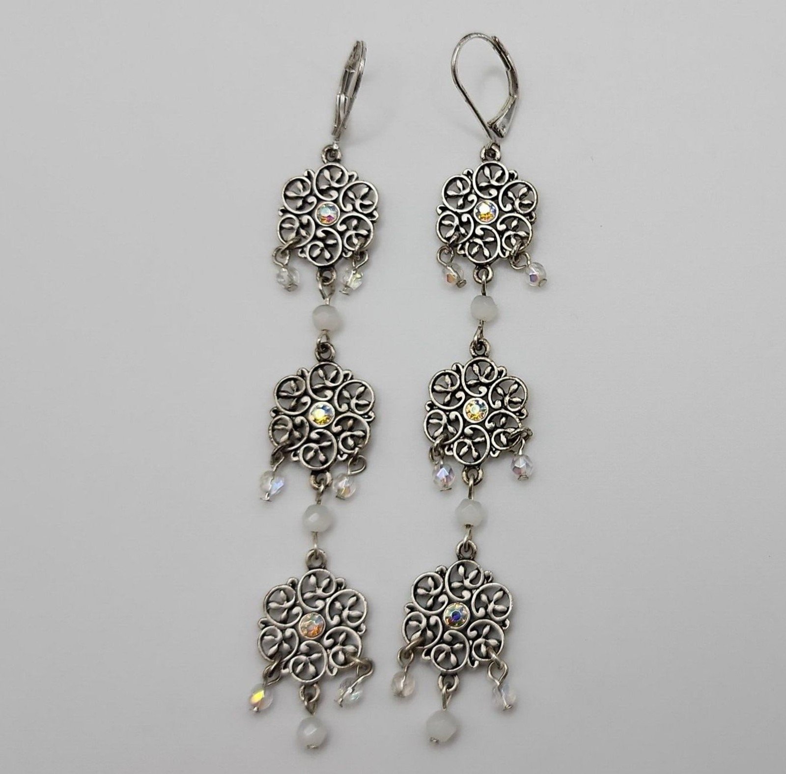 N A Clear Rhinestone & Bead Silver Tone Floral Dangle Earrings