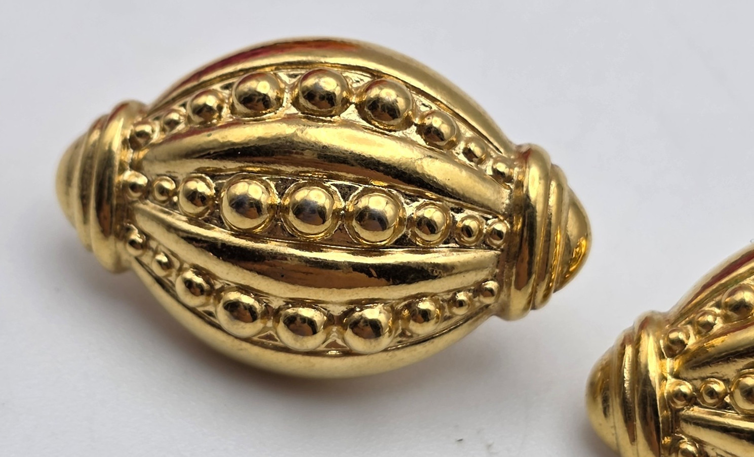 Vintage Napier Gold Tone Etruscan Granulated Olive Barrel Stud Earrings 30mm
