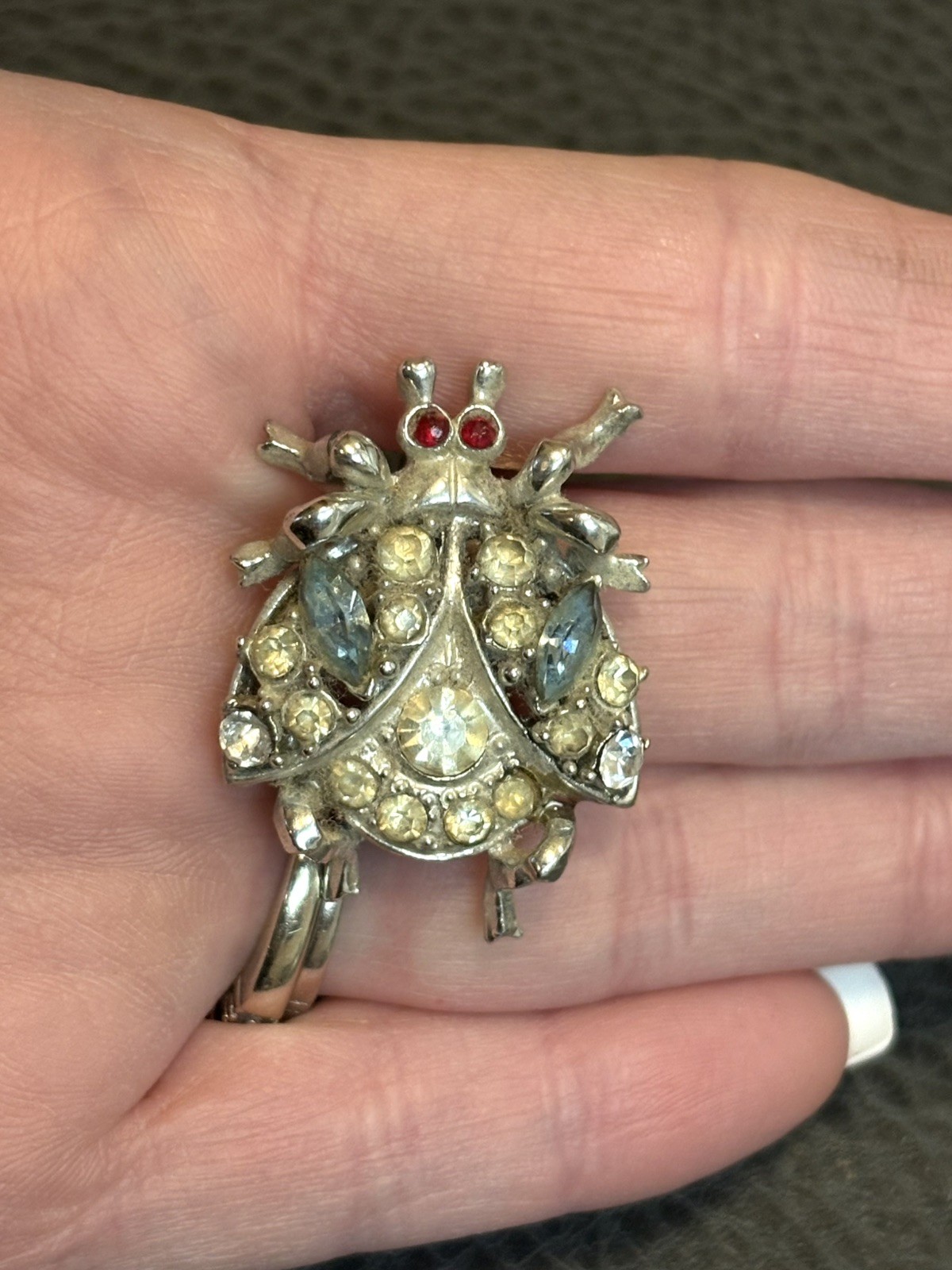 Vintage Art Deco Pot Metal Silver Tone Rhinestone Red Eyes Ladybug Pin Brooch