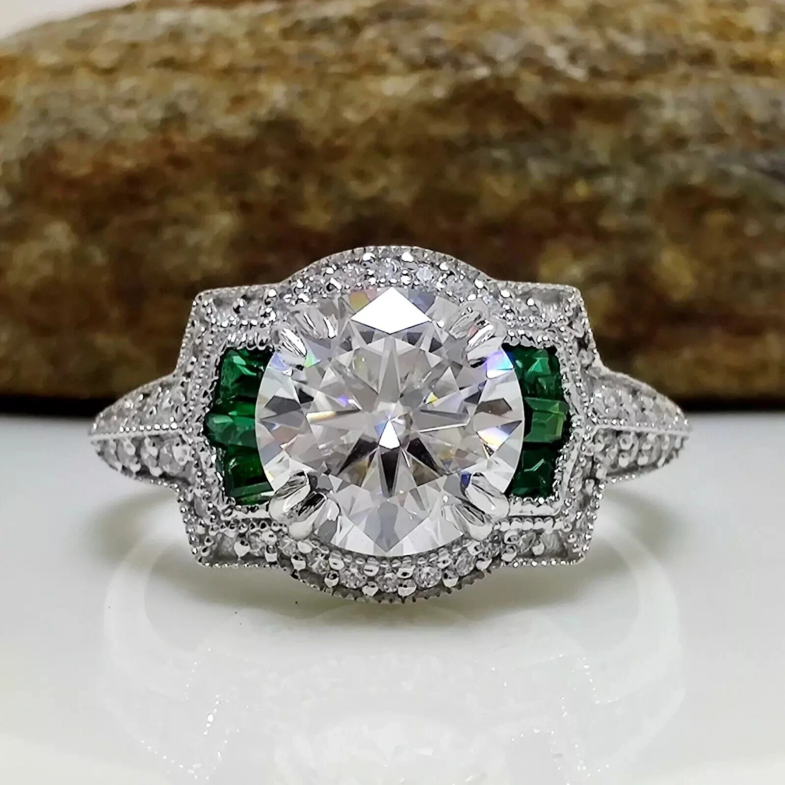 2.85Ct Vintage Lab Created Diamond & Emerald Engagement 14k White Gold FN Ring
