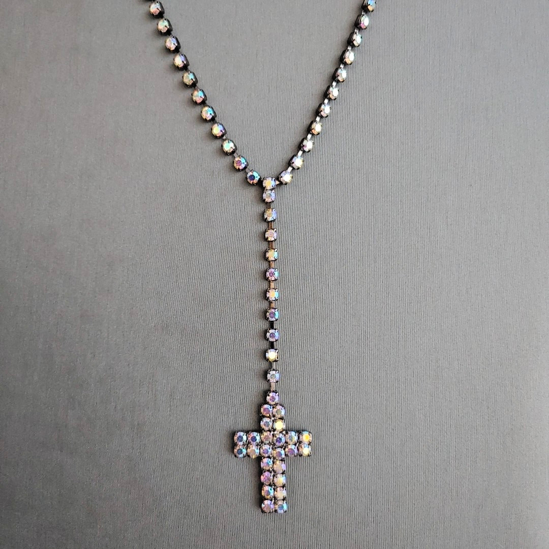 Vintage Y Drop CROSS Rhinestone Necklace AB Cup Chain Choker Gunmetal 14” to 17”