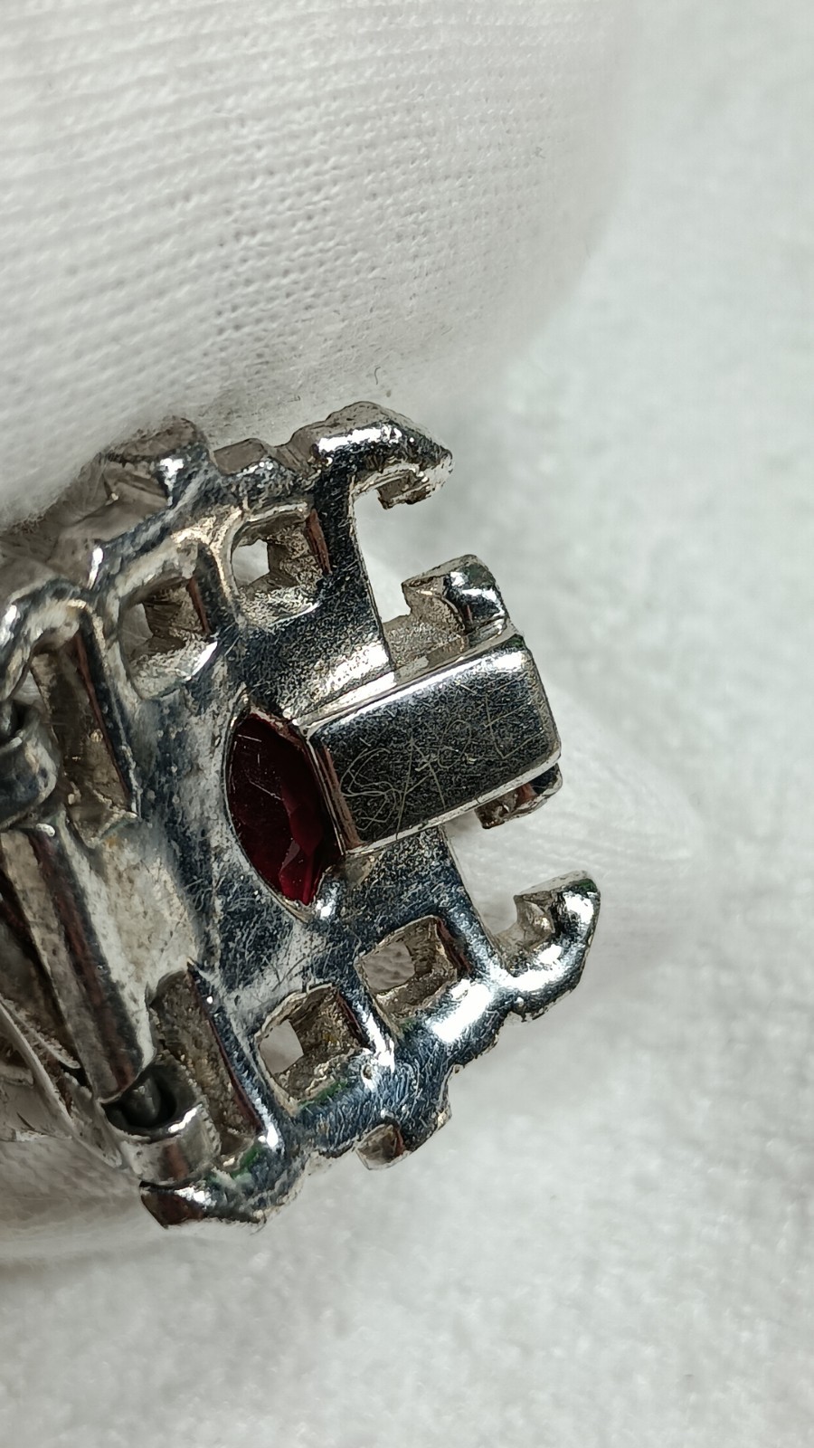 Art Deco Trifari Unsigned KTF Silver Tone Clear And Ruby Red Panel Bracelet 7 In