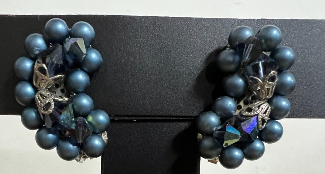 Vintage Blue Beaded climber style clip ear rings –unsigned 1.25 inches