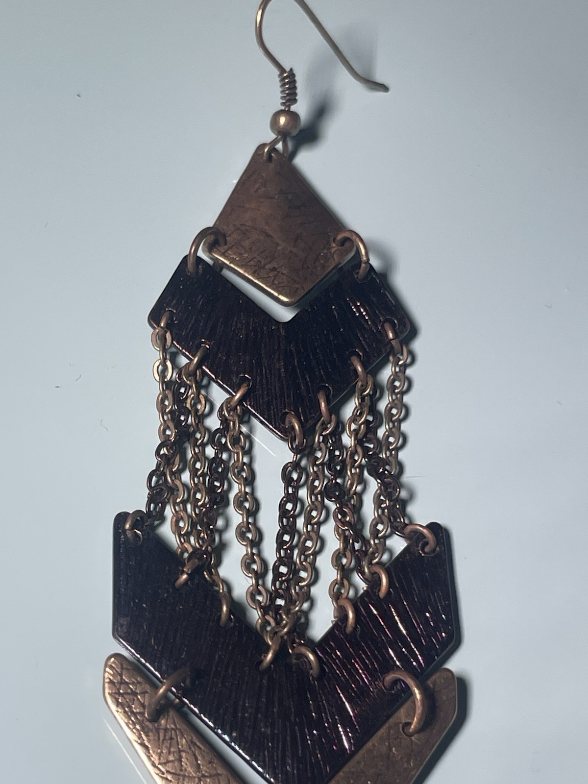 Vintage Geometric Chandelier Dangle Earrings Bronze Tone Layered Chevron Chain