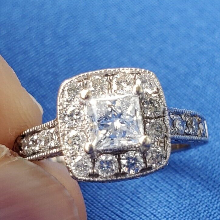 EARTH MINED DIAMOND Deco Halo Engagement Ring SOLID 14K WHITE GOLD Solitaire