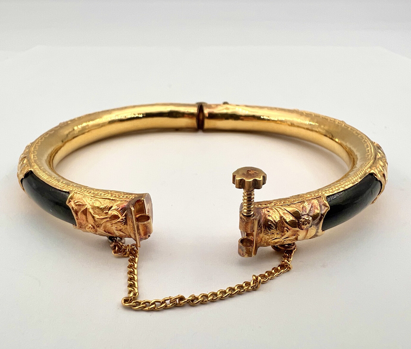 Antique Chinese 24K Yellow Gold Black Gem 8mm 6.5″ Hinged Bracelet Bangle 26.9g