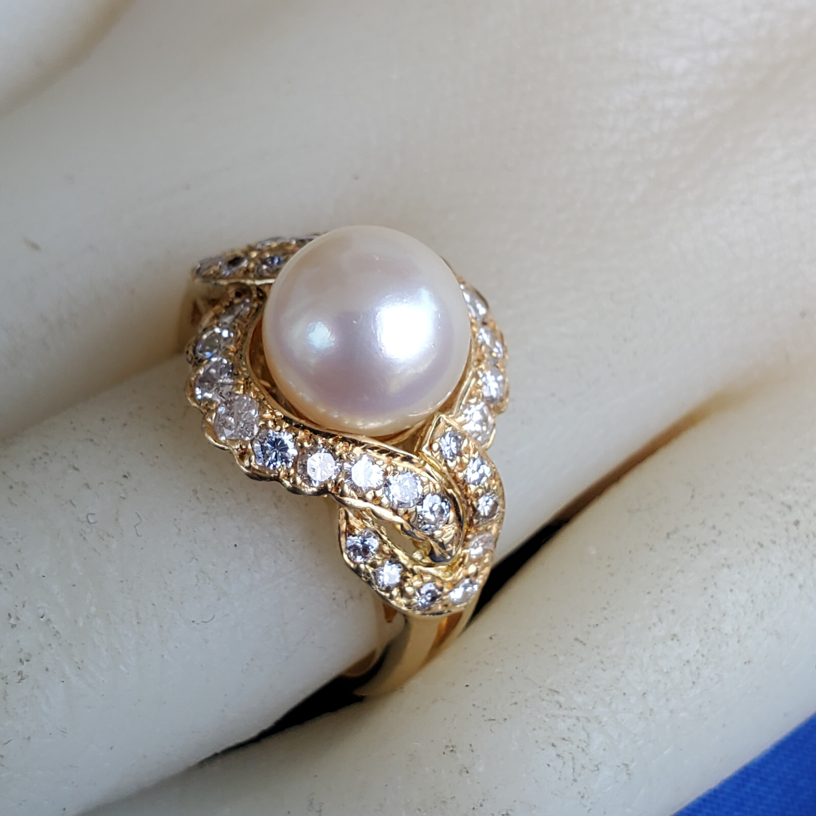 Original EARTH MINED DIAMOND Pearl Deco Engagement Ring Statement SOLID 18K GOLD