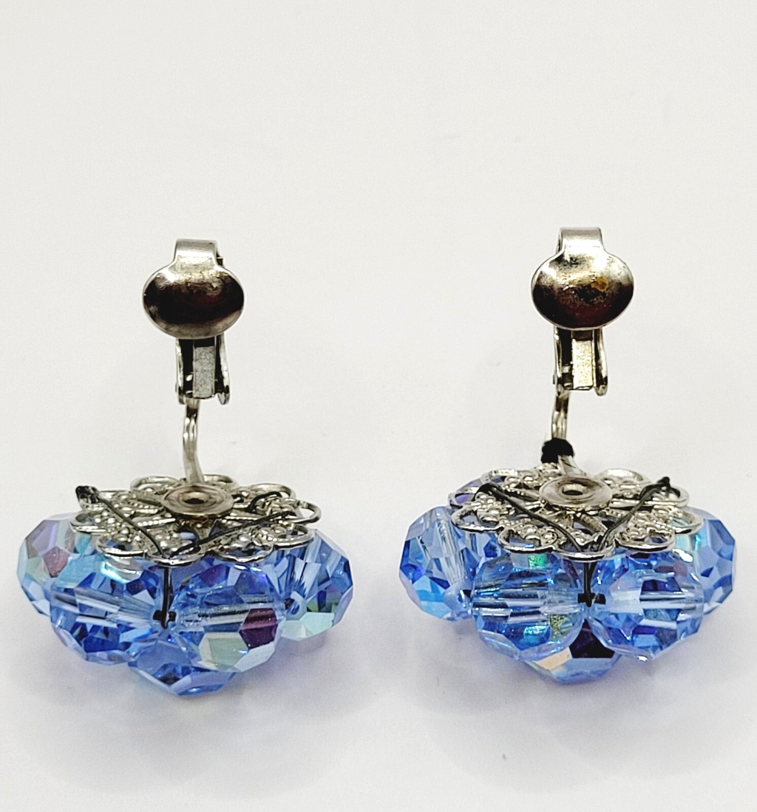 Light Blue Faceted Crystal Bead Cluster Sparkling Fancy Vintage Clip On Earrings
