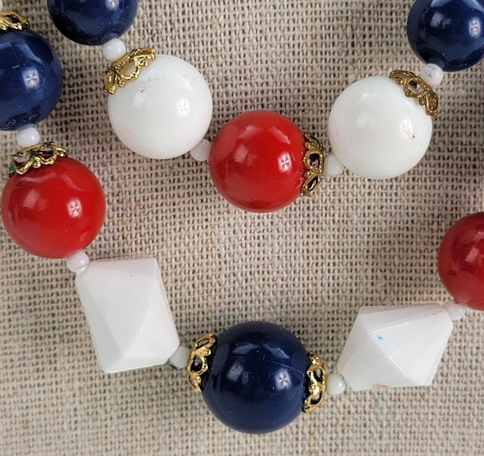Vintage Patriotic Red White Blue Lucite Double Strand Necklace 18 In USA