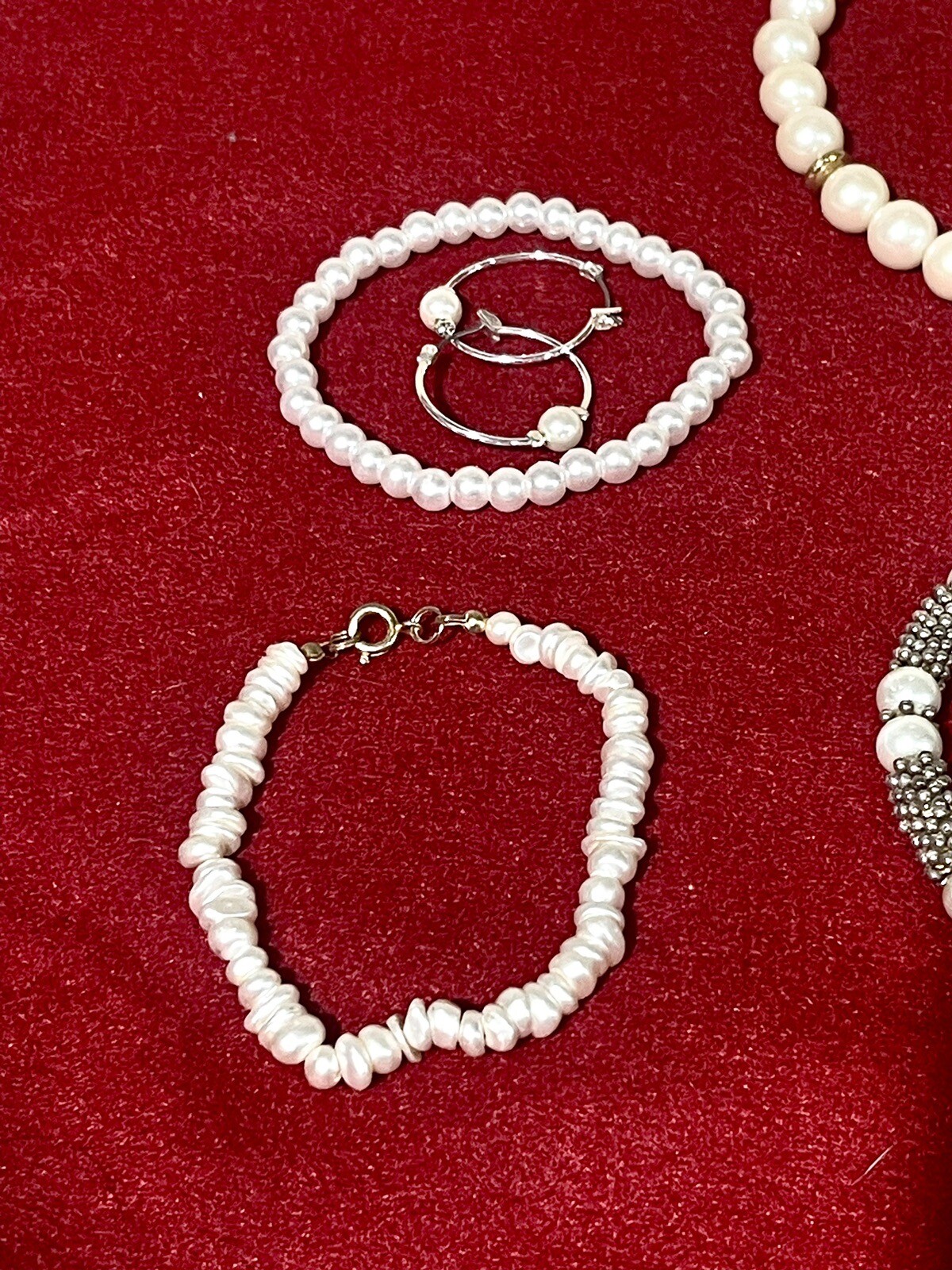 Pearl Jewelry Lot 5 Bracelets, 1 Pin And 7 Earrings Gold Silver Rhinestones Nice