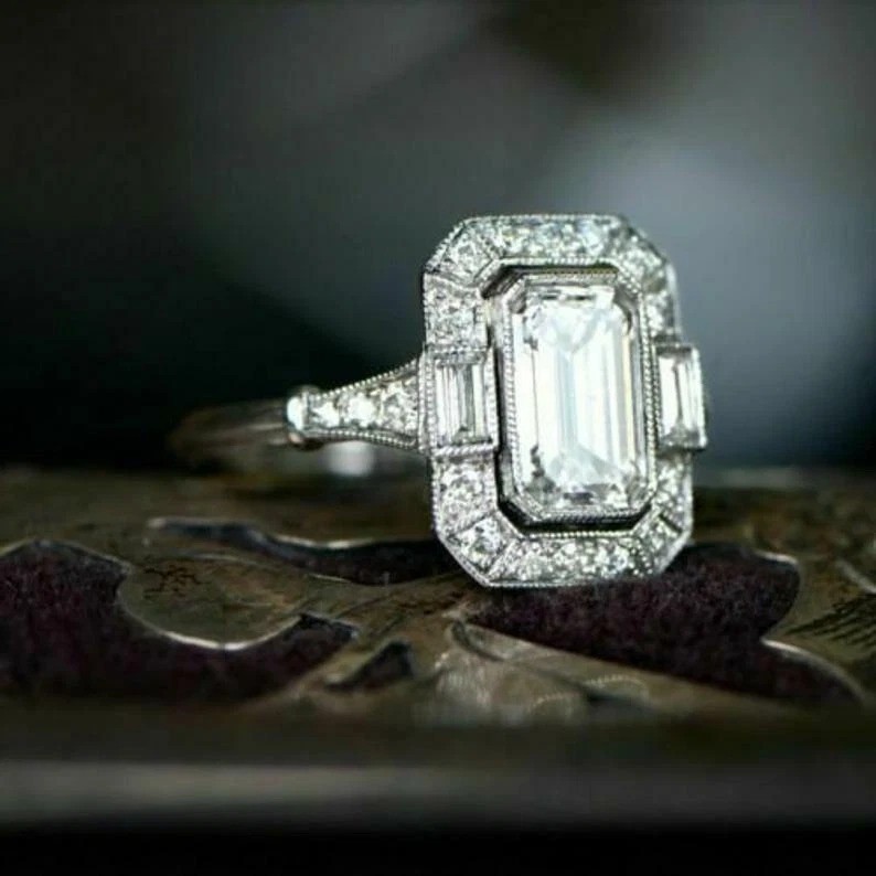 Art Deco Emerald Cut Lab Created Diamond Engagement 14Ct White Gold Finish Ring