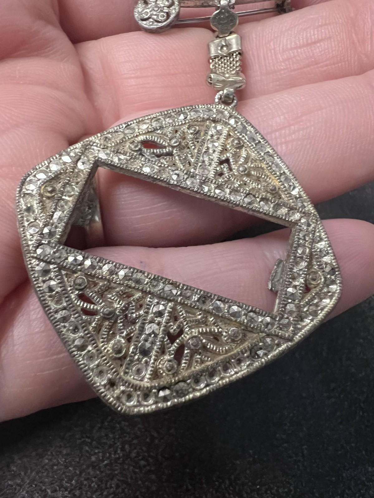 Vintage Rhinestone Brooch Silver Tone Filigree Dangle Pin Costume Jewelry