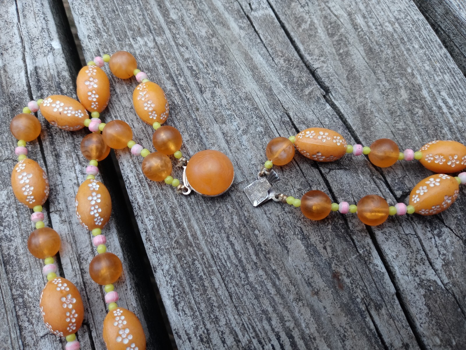 VTG 1960’s Costume Necklace 2 Strand Floral Beaded Metal Safety Latch Hong Kong