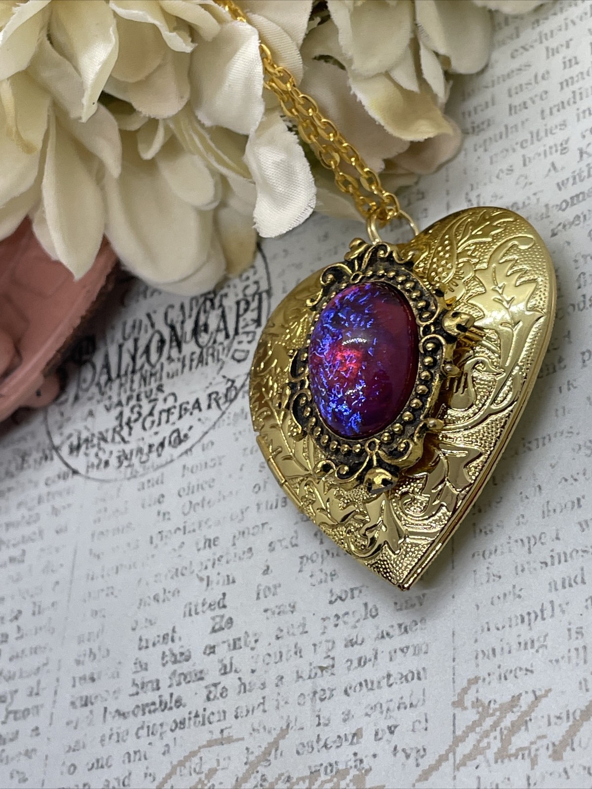 Gold Heart Locket Photo Fire Opal Dragon Birthday Anniversary Wedding Necklace