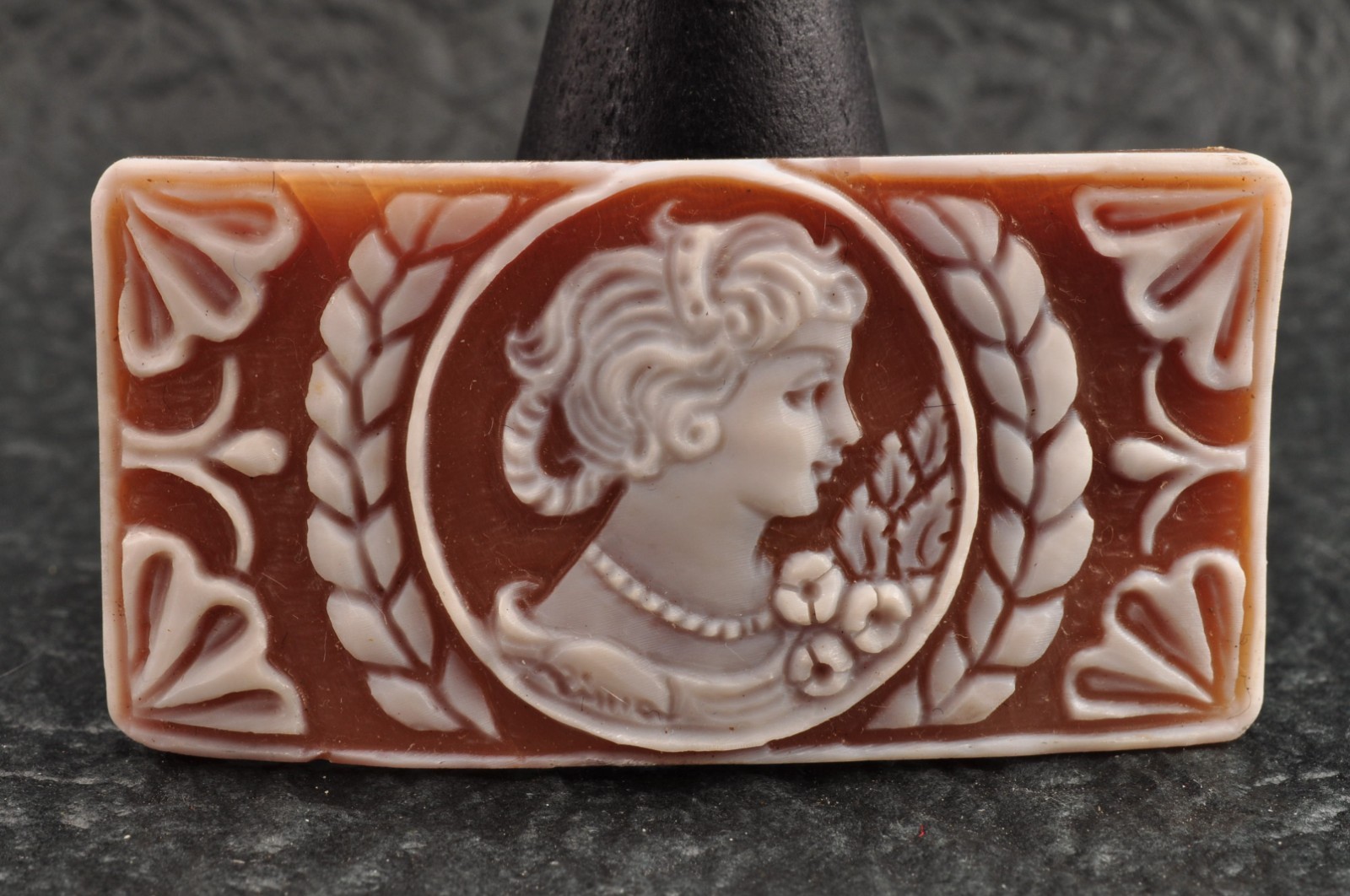 Vintage square shell cameo “Profile of a Lady”, (32.0ct) sign by artist, case.