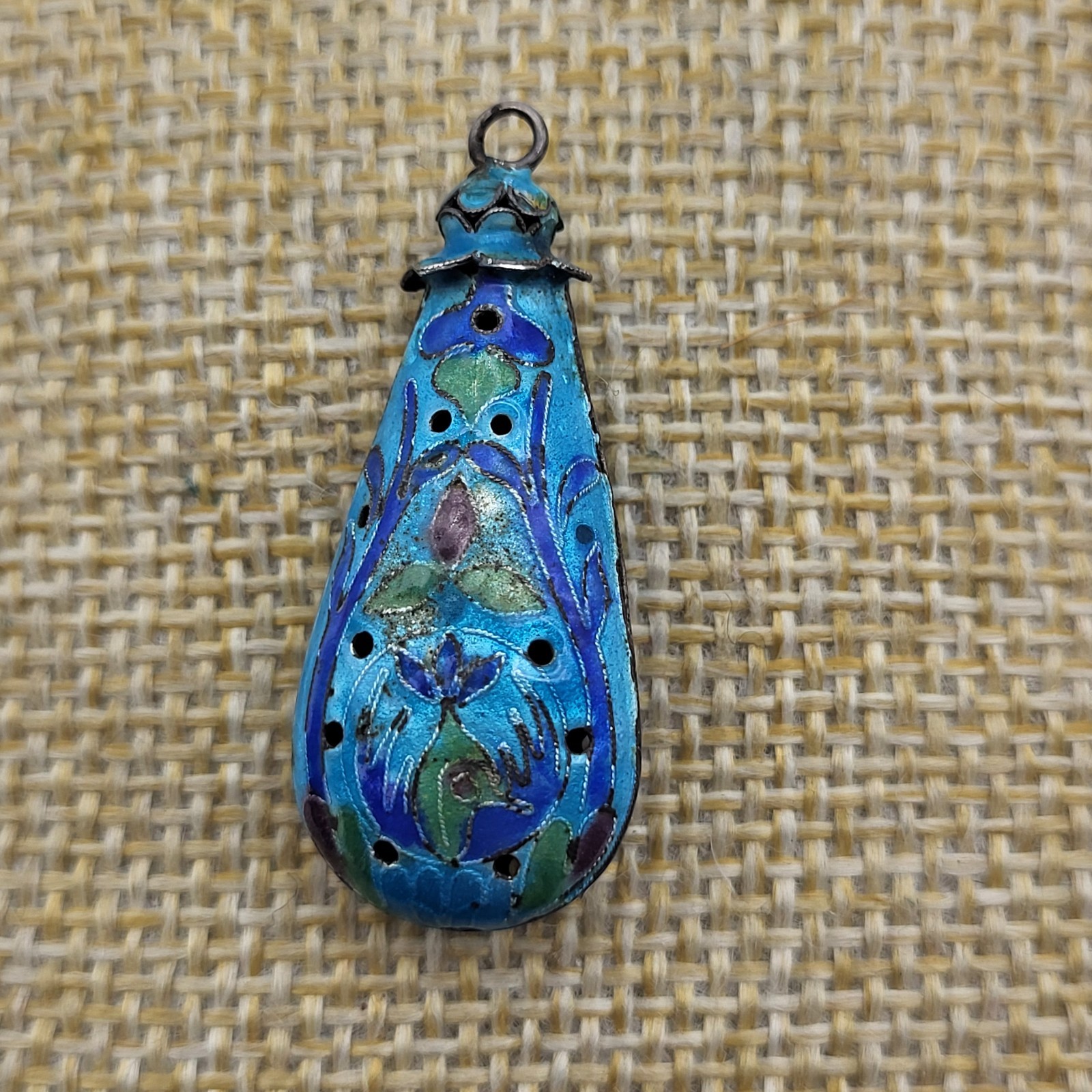 Beautiful Blue Enamel Cloissone pierced pendant Silver Chinese Export estate