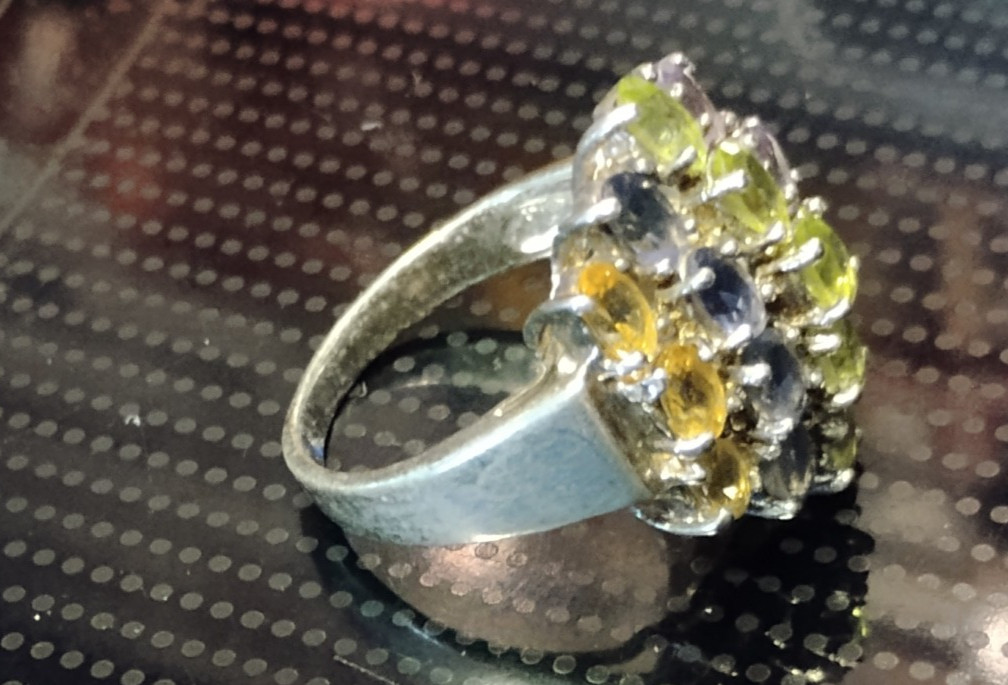 Vintage Ring Sterling Silver Rainbow Multi Gemstone Gem Sapphire/Peridot/Citrine