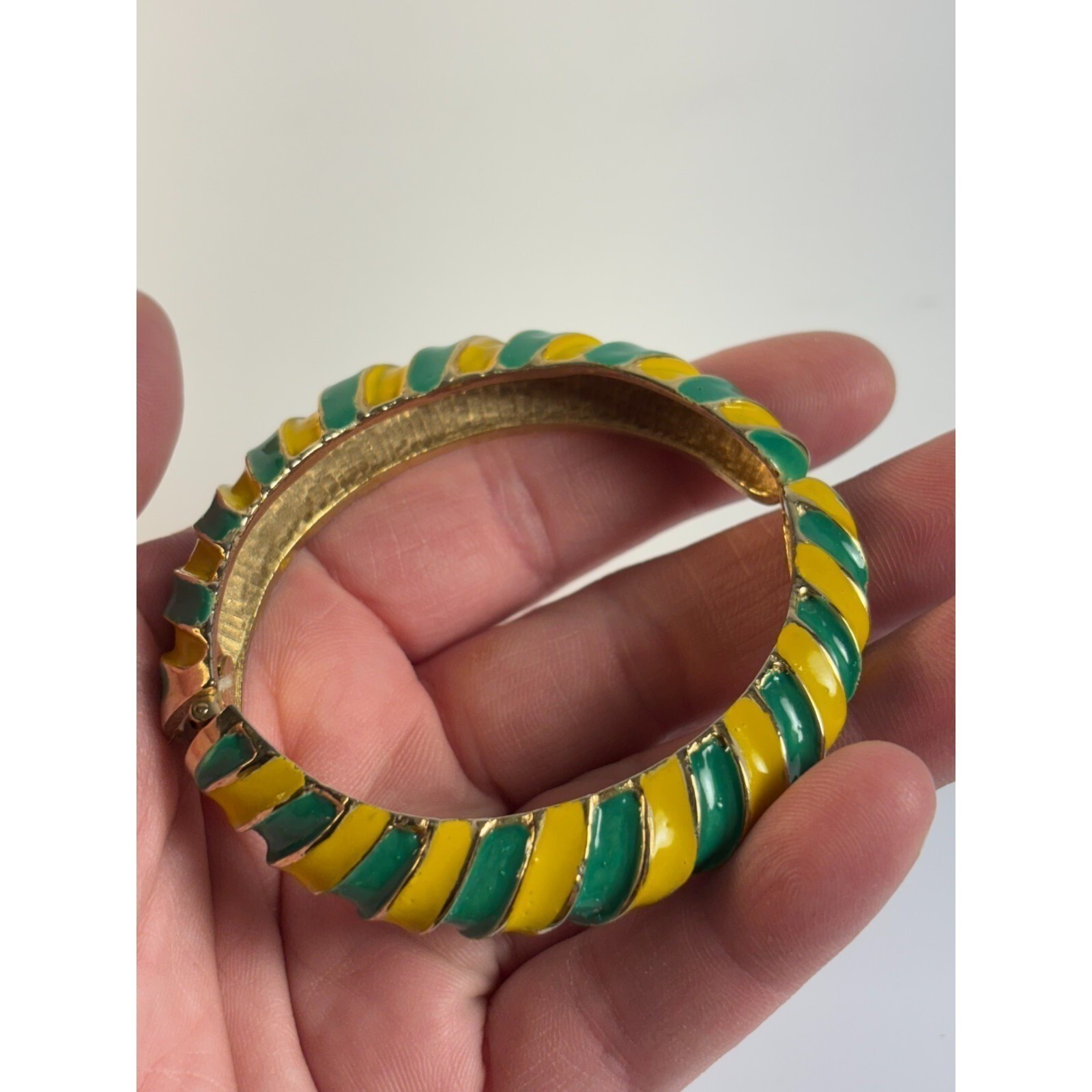 Bracelet Cuff Gold Tone Green Yellow Enamel Signed Les Bernard Vintage Hinged