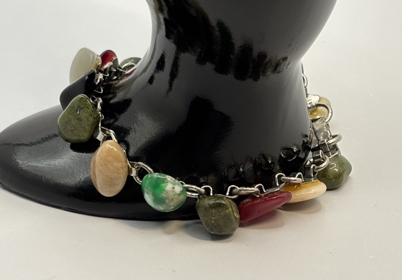 Vintage Link Polished Stone Glass Tumbled Agate Bracelet Rainbow 6.5”