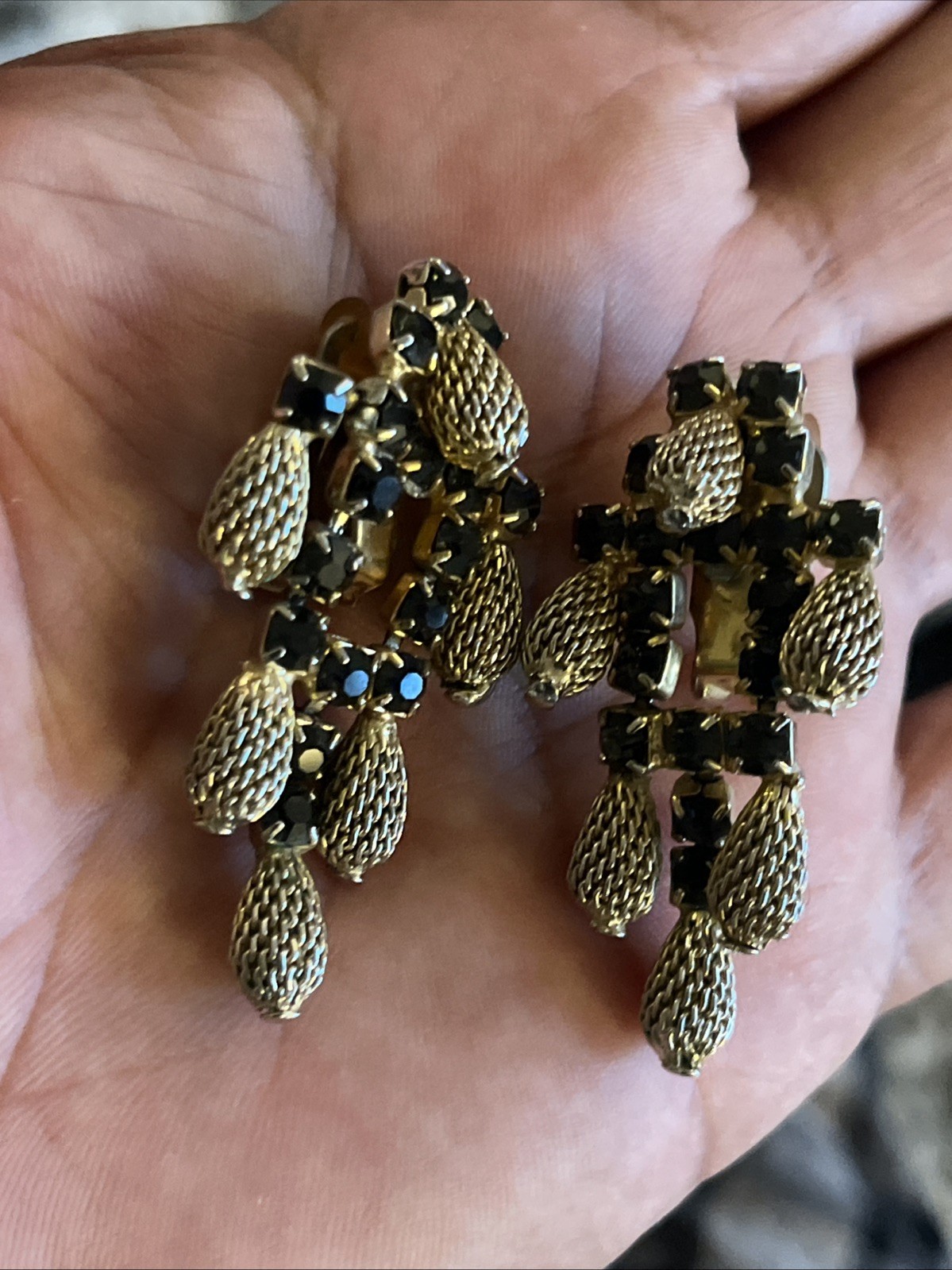 Vintage Signed HOBE Gold & Silver Plate Dangle Black Colored Rhinestone Earrings