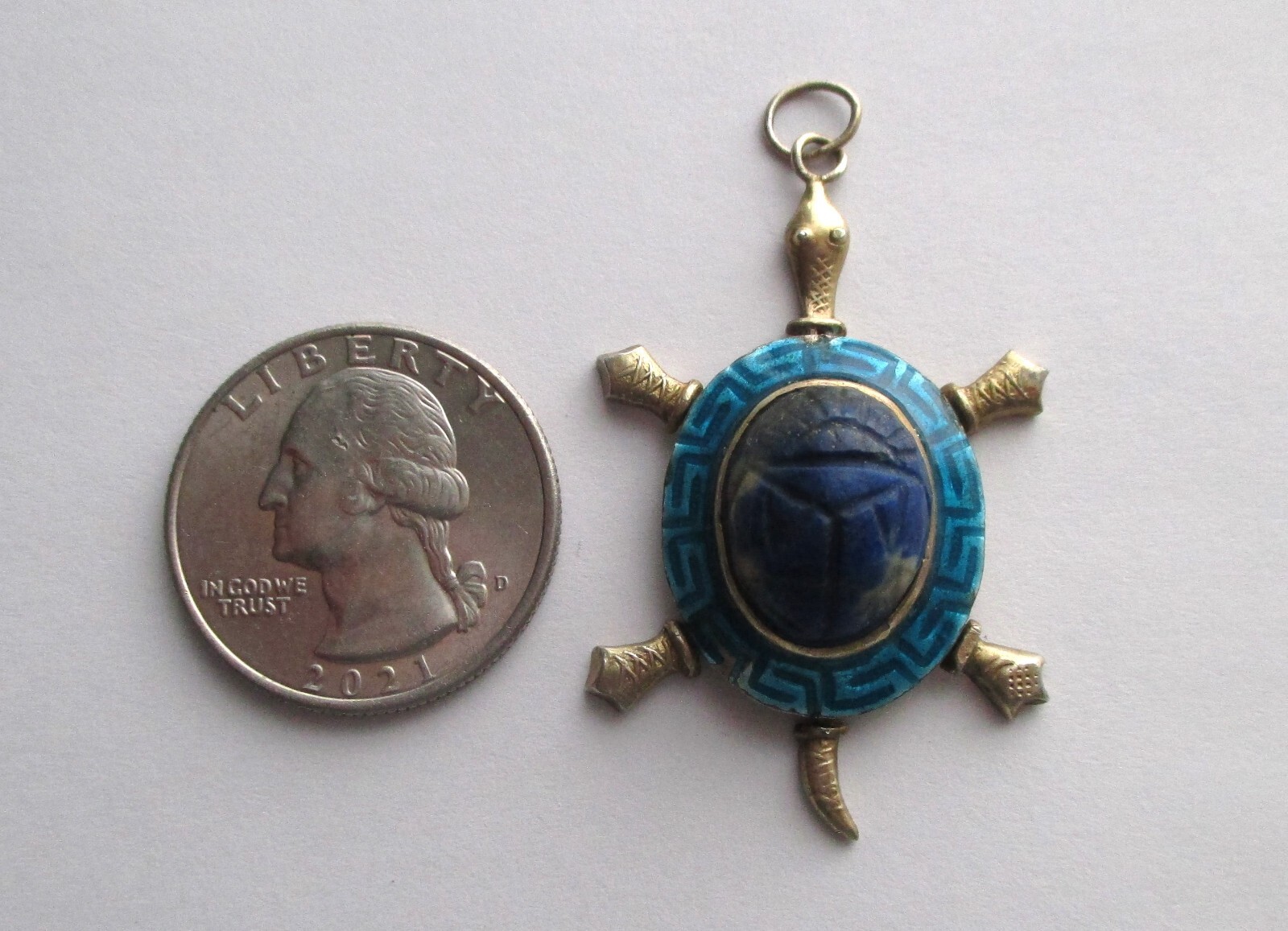 VINTAGE STERLING SILVER EGYPTIAN REVIVAL CARVED LAPIS SCARAB ARTICULATED TURTLE