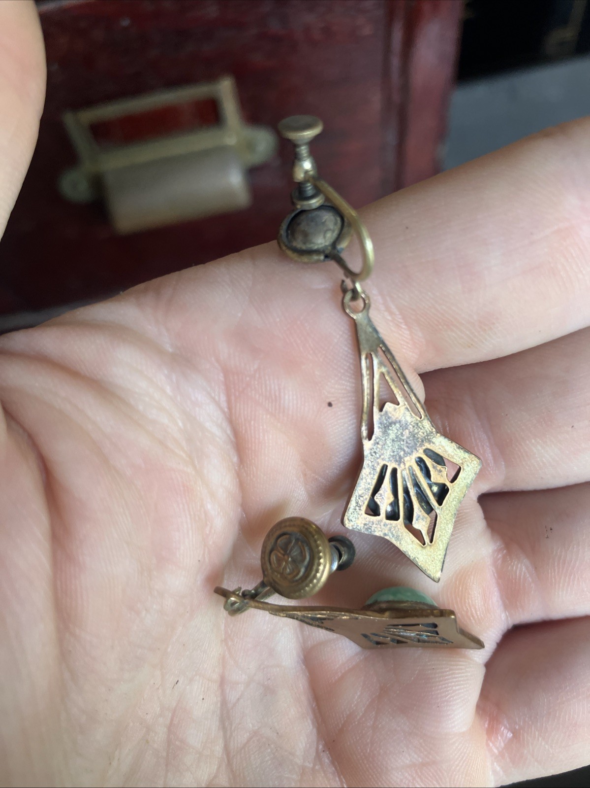1920s Art Deco Dangle Earring Green Enamel And Stone Brass Clover Screw Back