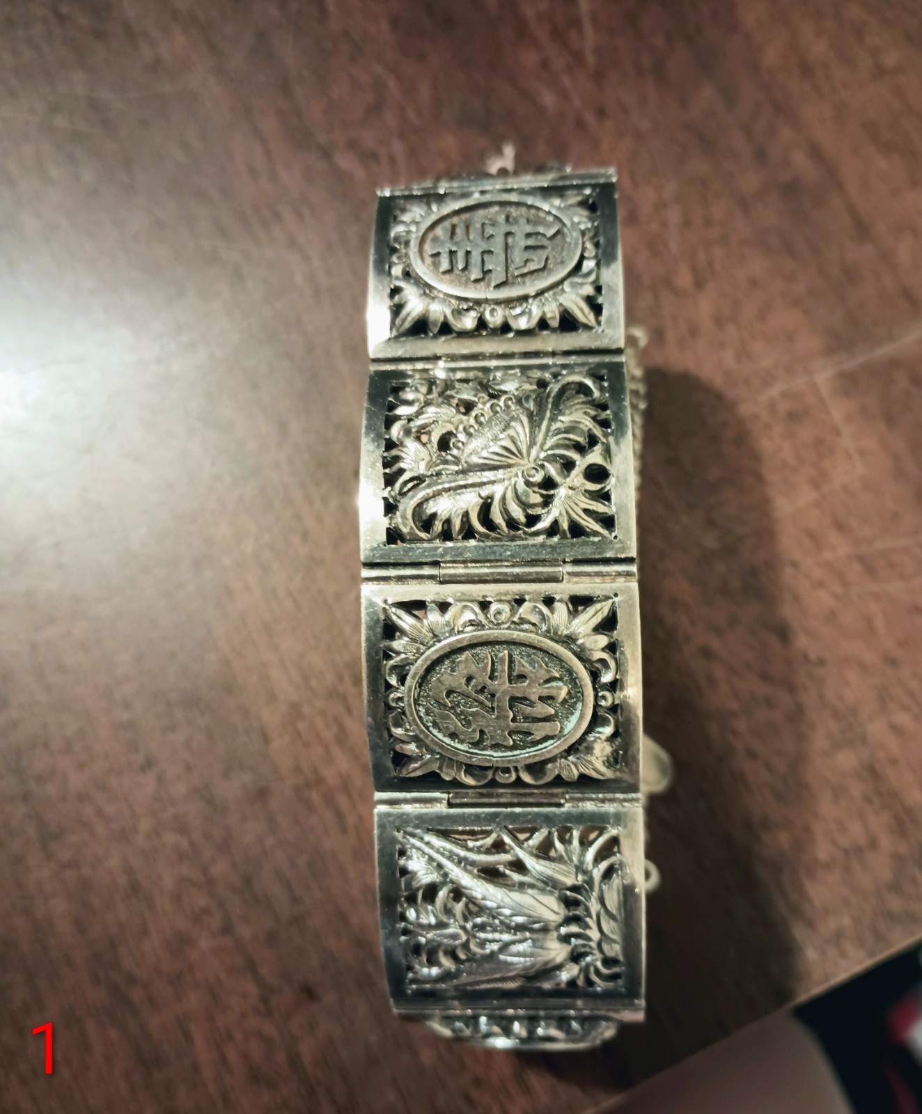 Vintage Chinese Export Silver Repousse 4 Seasons Panel Bracelet – Non-Magnetic