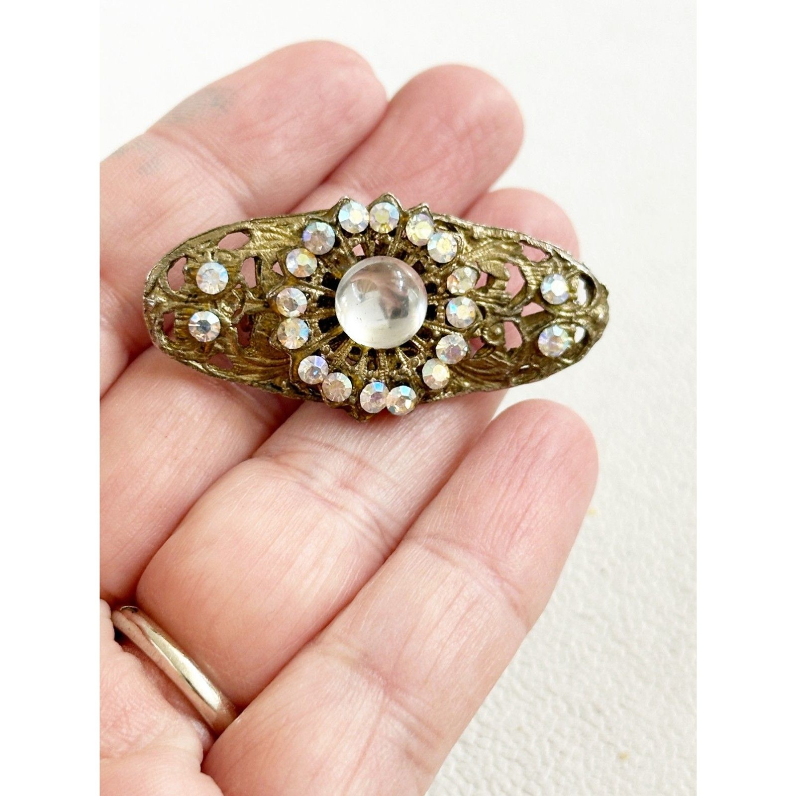 Vintage Rhinestone and Gold Tone elongated Brooch with C Clasp