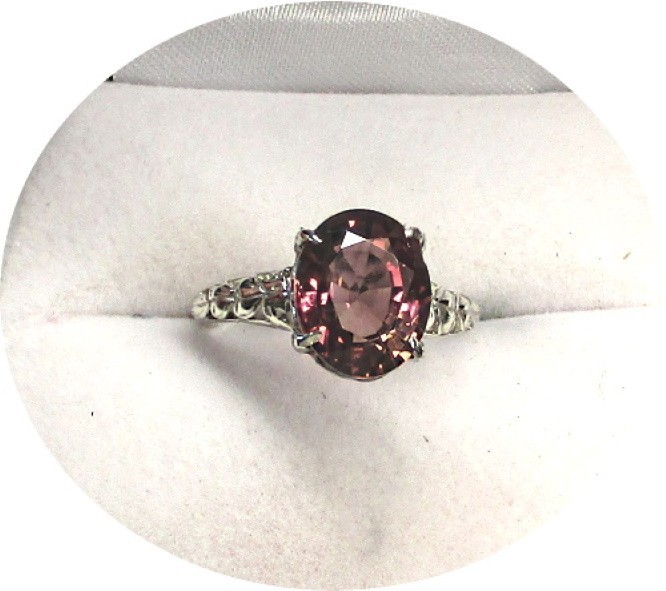Bright Rosy-Red TOURMALINE Ring – Art Deco – 14k Solid White Gold Filigree Mtg.