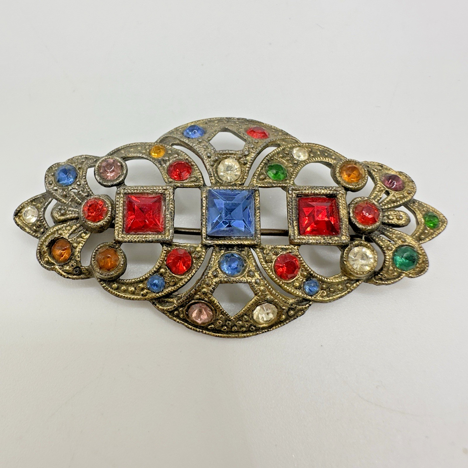 Vintage Edwardian Revival Art Deco Style Brooch Multicolor Rhinestones 2.5″