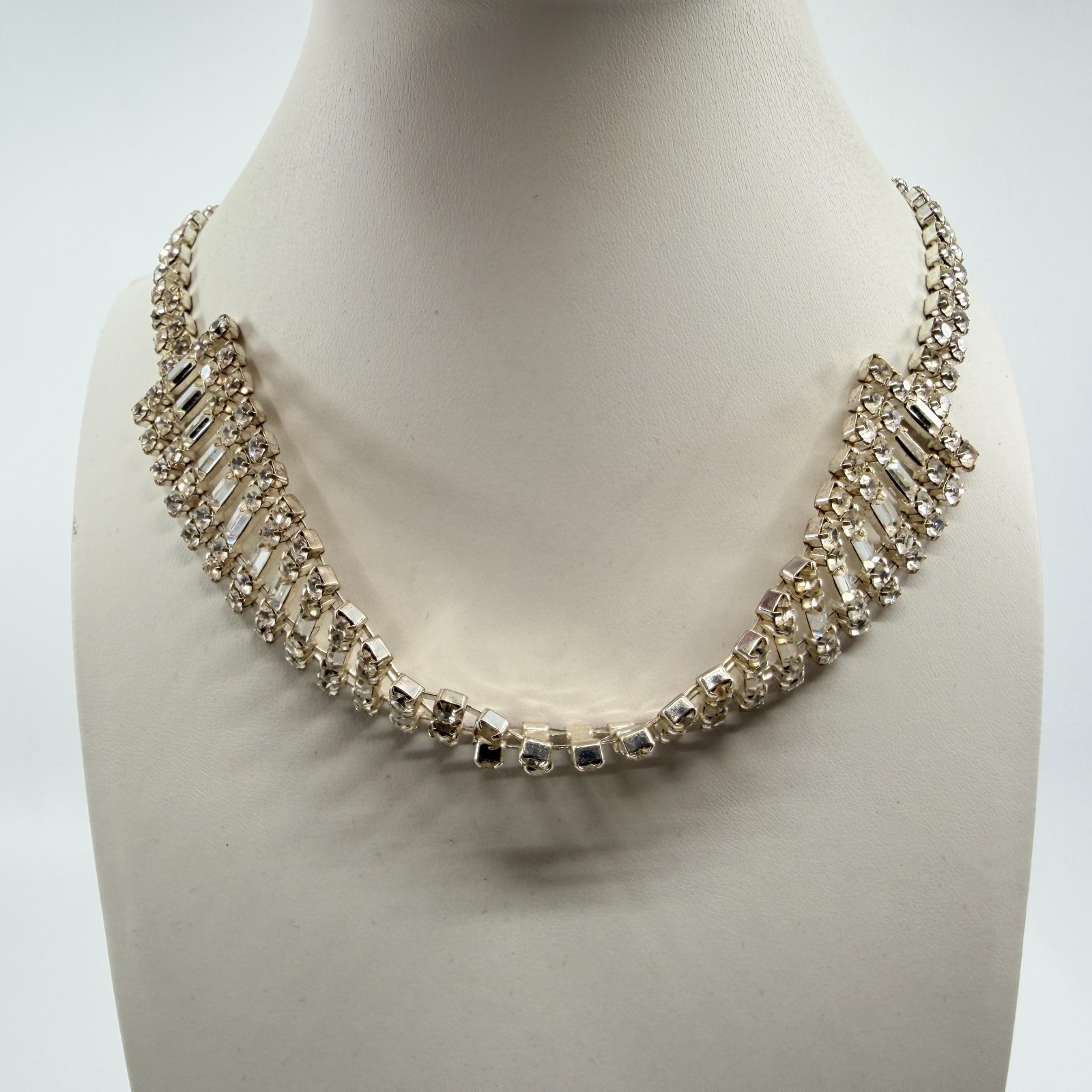 Vintage Mid Century Clear Rhinestone Baguette Choker Necklace Silver Tone Wide