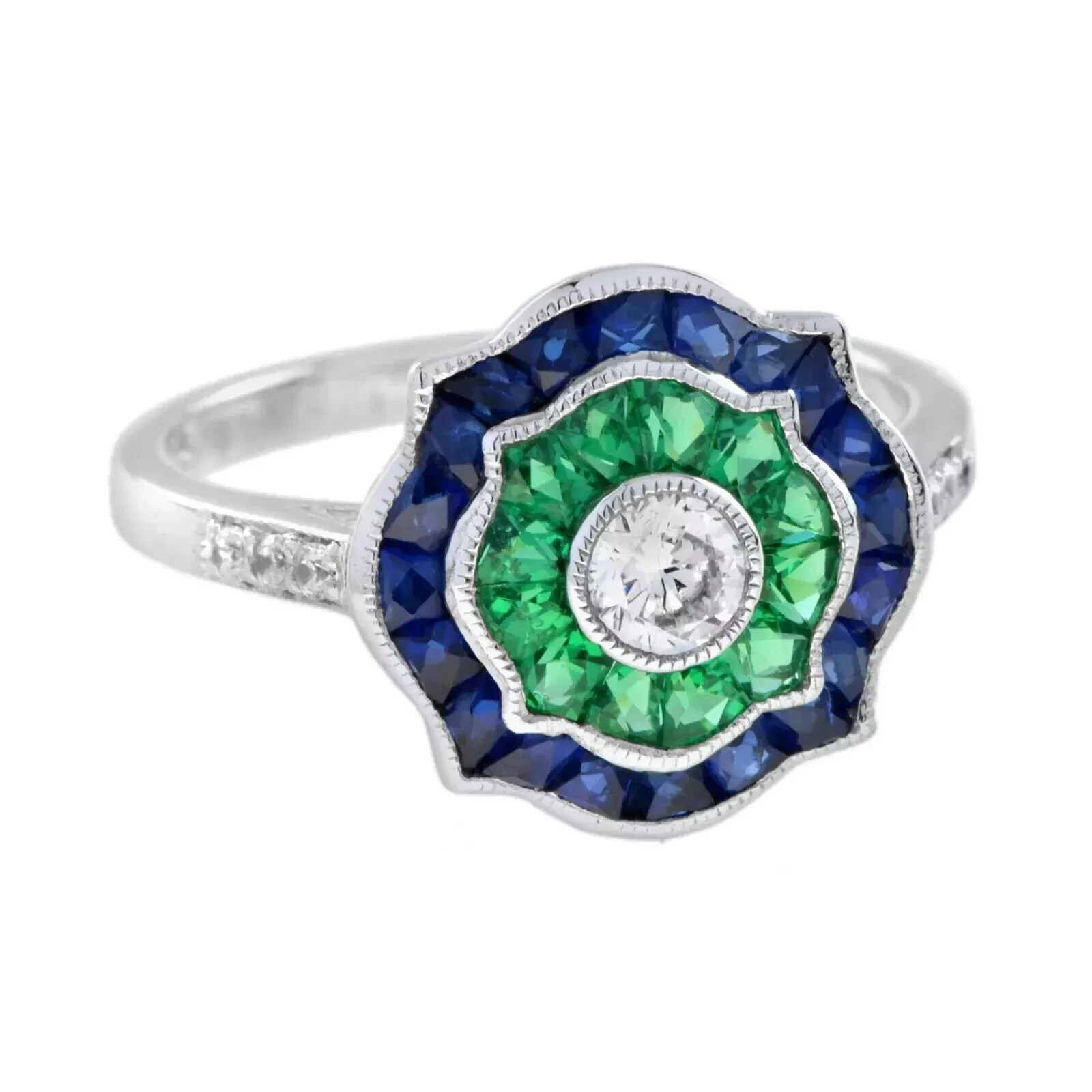 Art Deco Style Lab Created Diamond Emerald Sapphire Ring 14K White Gold Finish
