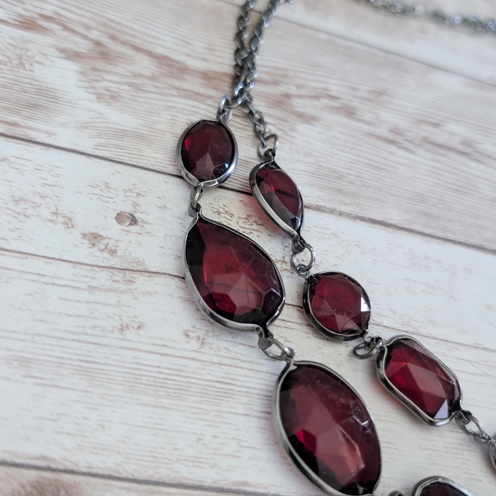 Vintage Necklace Dark Red and Dark Silver Tone / Grey Statement Necklace