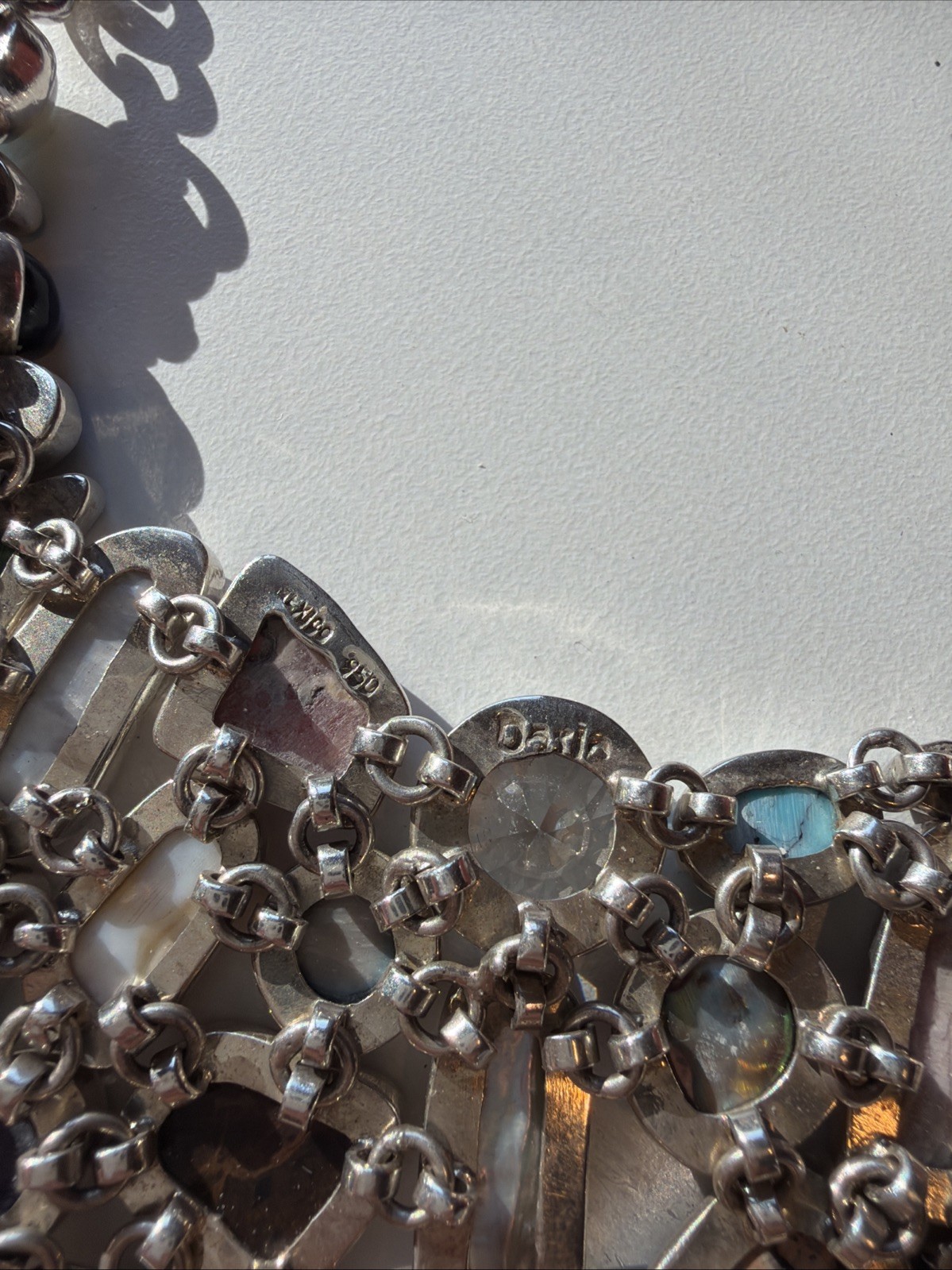 Mexico 950 Silver Multi Stone Necklace Daria Signed Statement Bib