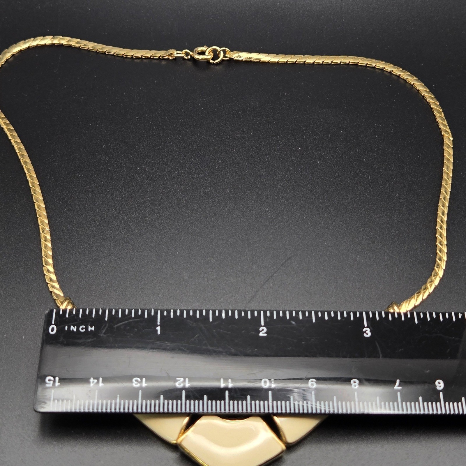 Trifari Vintage Gold Tone Cream Enamel Geometric Necklace Herringbone 18 Inch