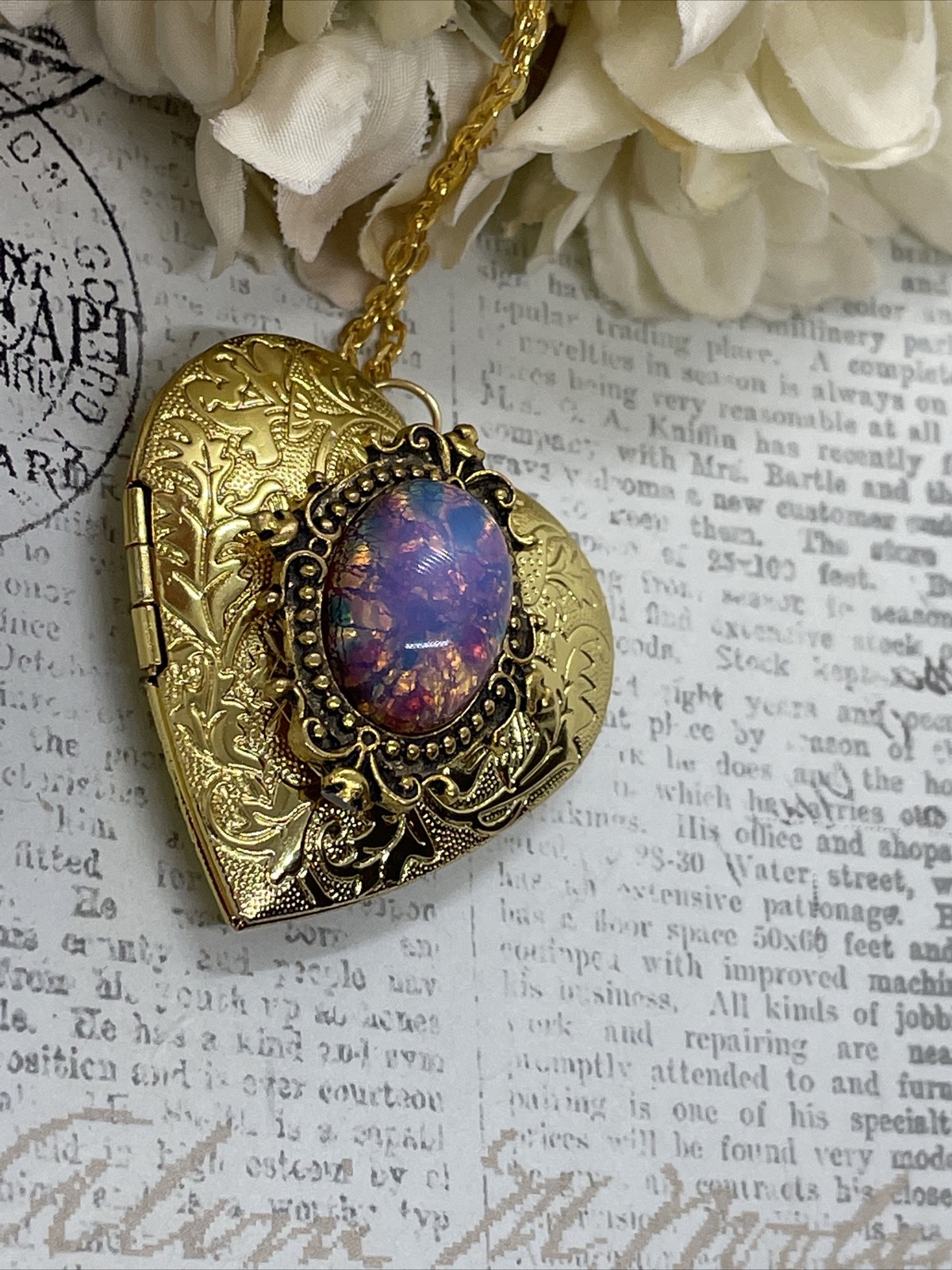 Gold Heart Locket Photo Harlequin Opal New Birthday Anniversary Wedding Necklace