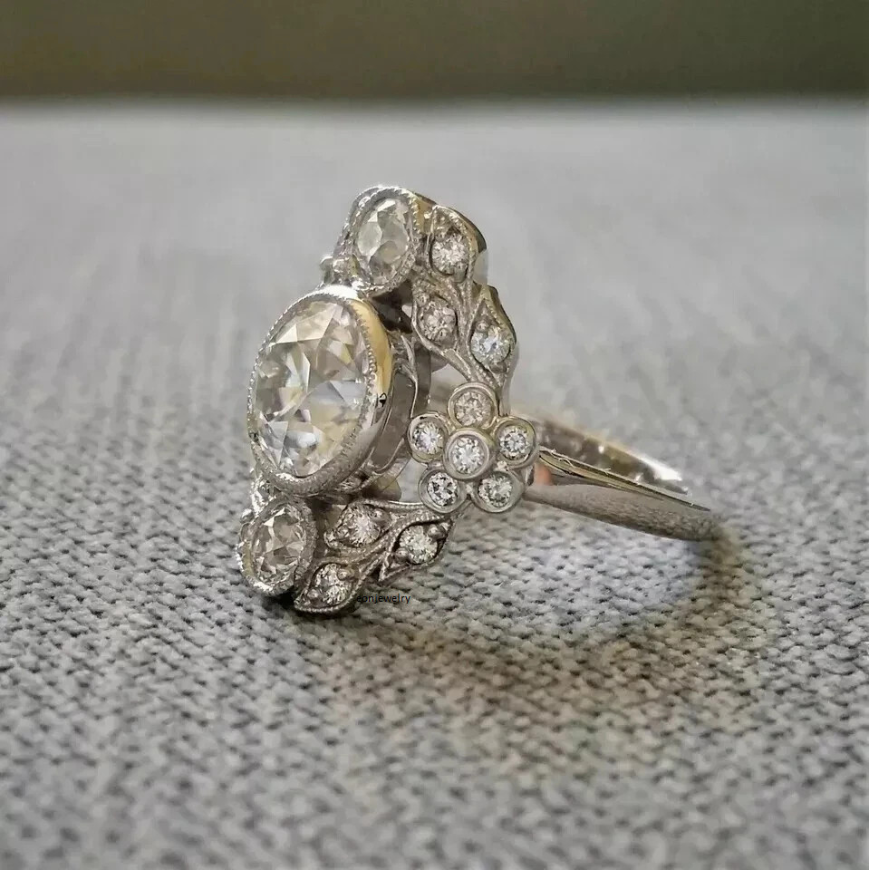 Vintage Art Deco 3.0 Ct Round Cut Diamond Antique Edwardian Engagement Her Ring