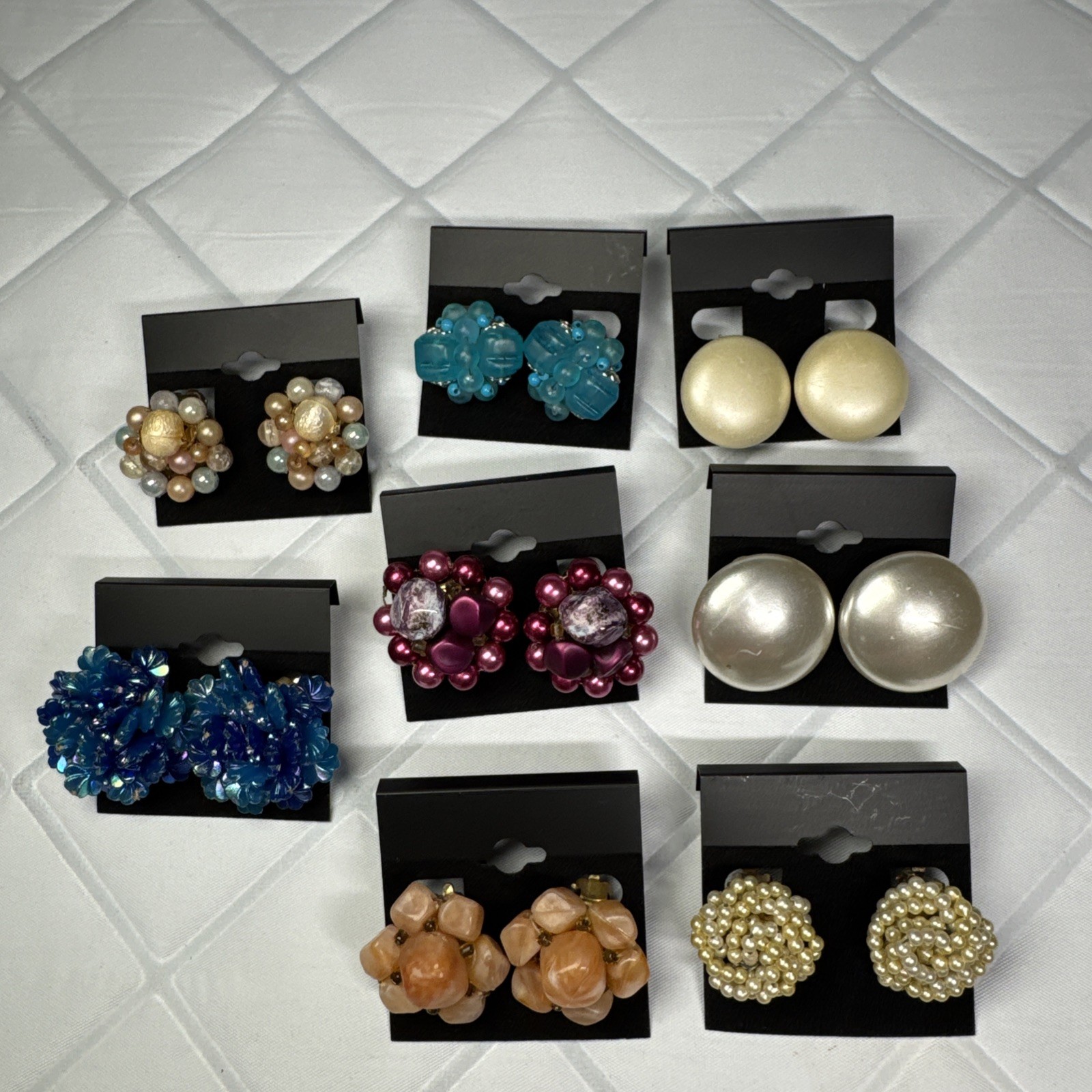 Vtg Earring Lot 8 Beaded Clip On Cluster Pearl Lucite Hong Kong Japan Marvella