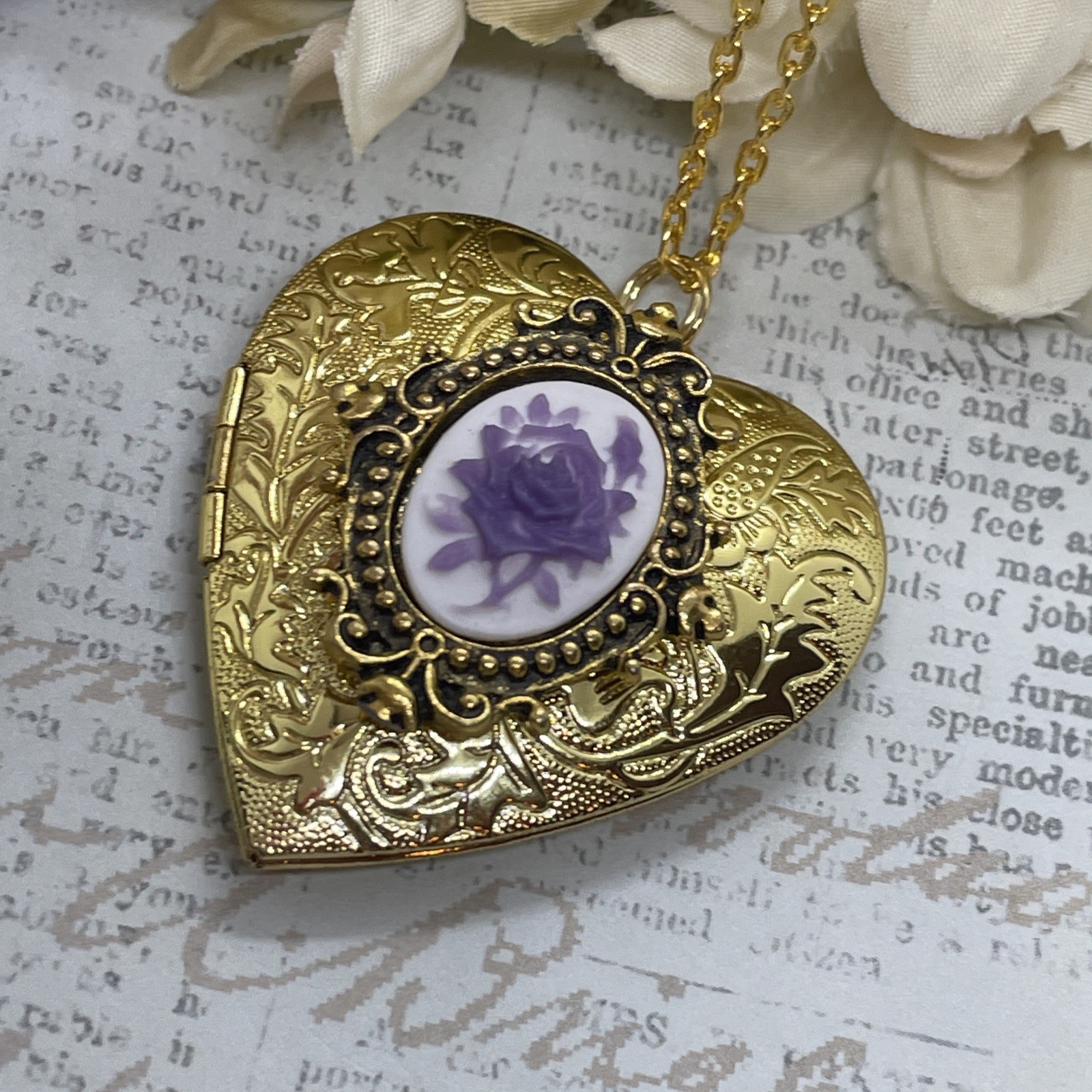 Gold Heart Locket Birthday Anniversary Wedding Purple White Rose Cameo Necklace