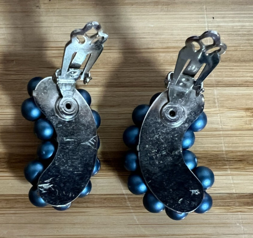 Vintage Blue Beaded climber style clip ear rings –unsigned 1.25 inches