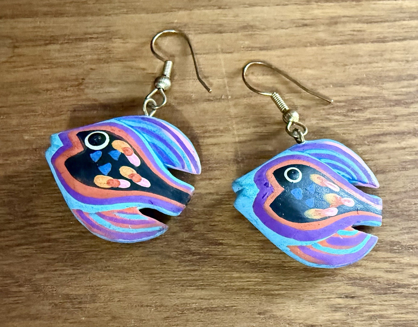 Vintage Hand-painted Wooden Blue Tropical Fish Dangle Earrings
