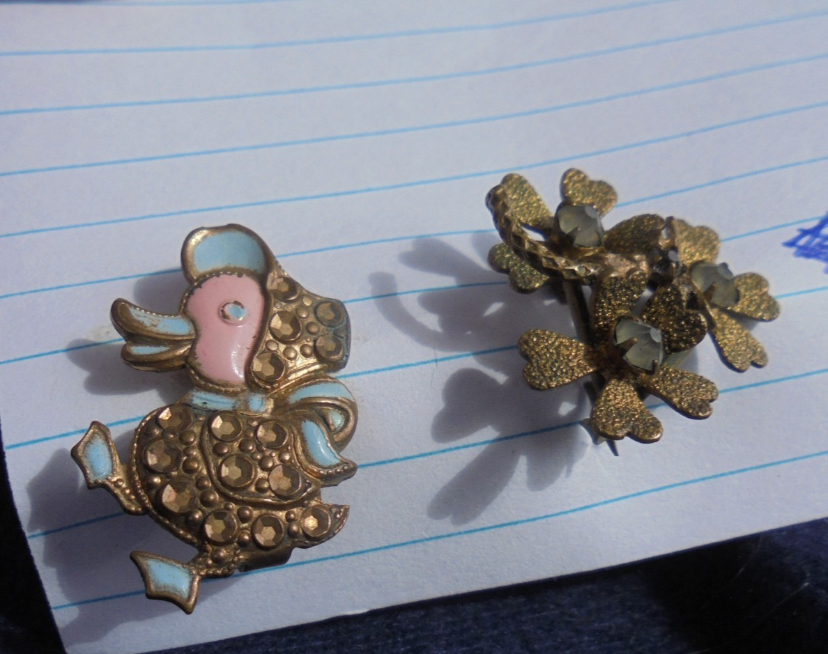 2 Old Brooches/Pins Enameled Ducky and Flower Bouquet 1″ Each