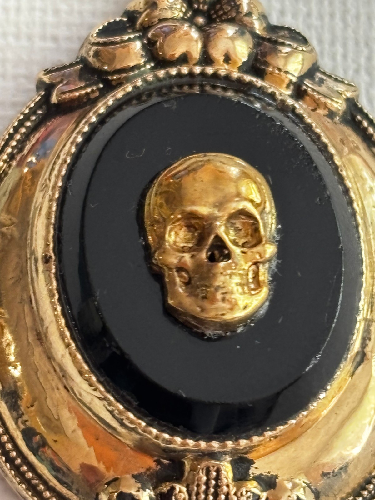 Antique Edwardian Memento Mori Brass Gold Plated Skull Black Stone Pendant