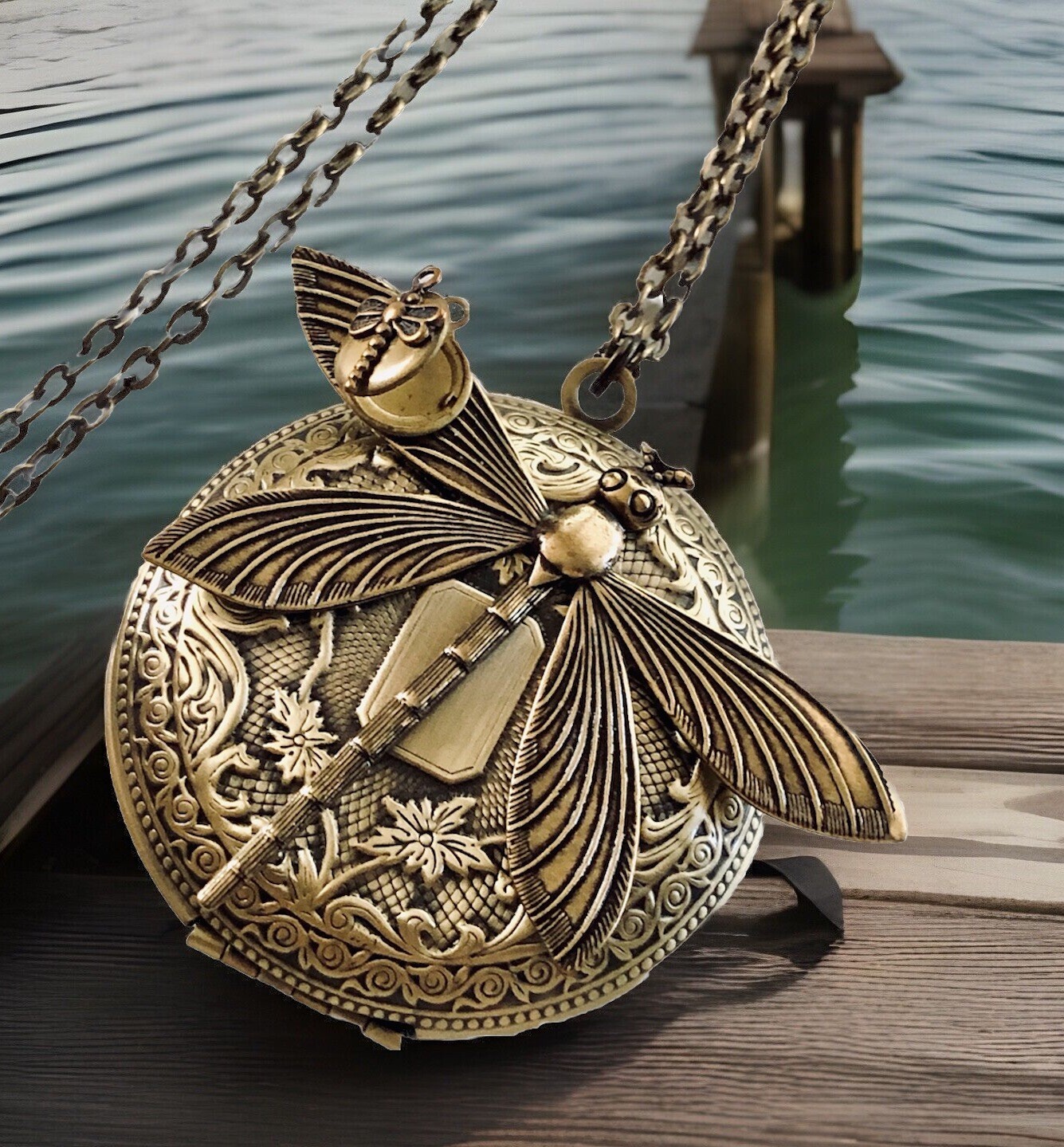 Dragonfly Locket Necklace, Vintage Antiqued Brass, Art Nouveau Victorian Design